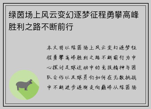 绿茵场上风云变幻逐梦征程勇攀高峰胜利之路不断前行 绿茵场上风云变幻逐梦征程勇攀高峰胜利之路不断前行