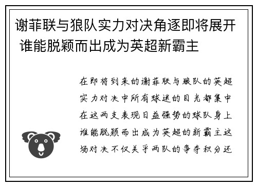 谢菲联与狼队实力对决角逐即将展开 谁能脱颖而出成为英超新霸主