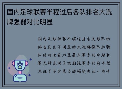 国内足球联赛半程过后各队排名大洗牌强弱对比明显