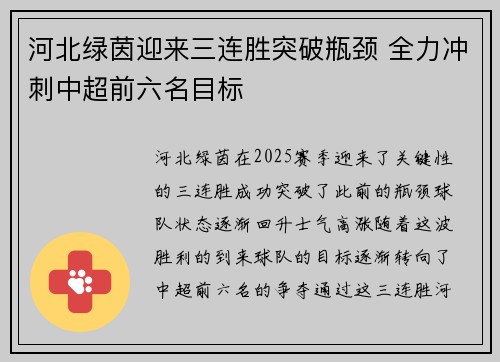河北绿茵迎来三连胜突破瓶颈 全力冲刺中超前六名目标 河北绿茵迎来三连胜突破瓶颈 全力冲刺中超前六名目标