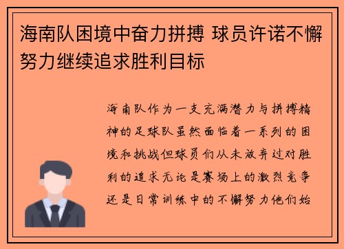 海南队困境中奋力拼搏 球员许诺不懈努力继续追求胜利目标