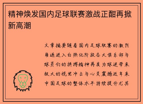 精神焕发国内足球联赛激战正酣再掀新高潮