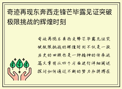 奇迹再现东奔西走锋芒毕露见证突破极限挑战的辉煌时刻 奇迹再现东奔西走锋芒毕露见证突破极限挑战的辉煌时刻